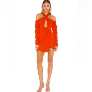 Michael Costello x Revolve Libby Crepe Mini Dress Red Orange Long Sleeve NWT M‎
